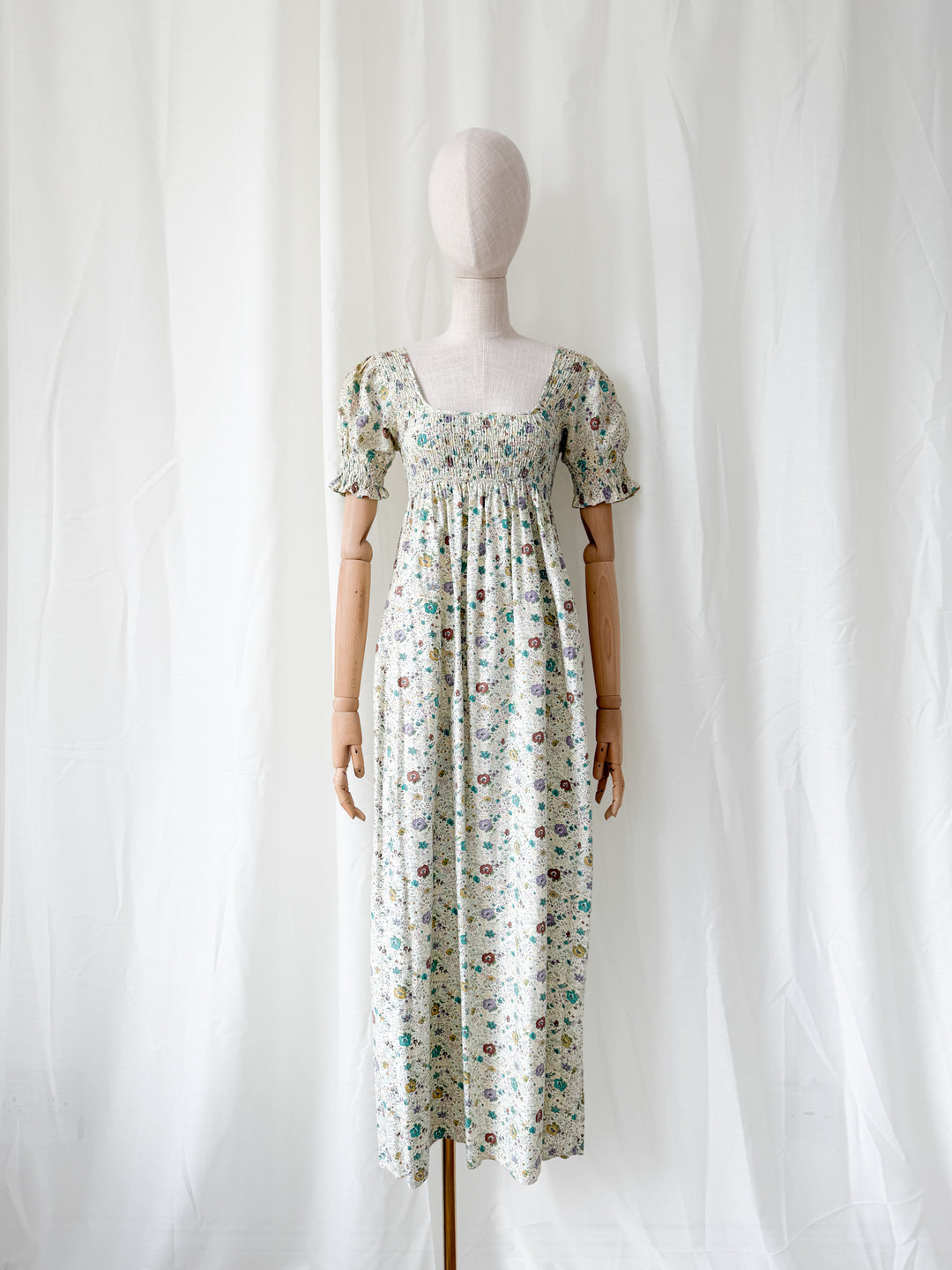 Delicious Rare 1970s Snob Shirred Cotton Maxi Dress