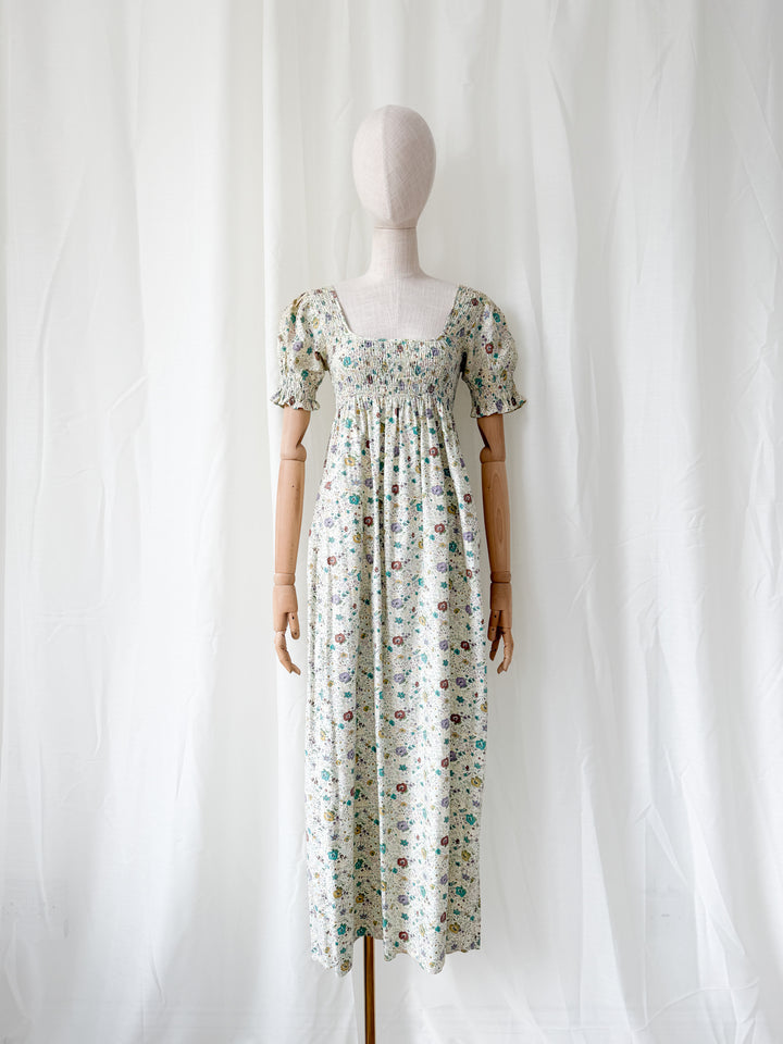 Delicious Rare 1970s Snob Shirred Cotton Maxi Dress