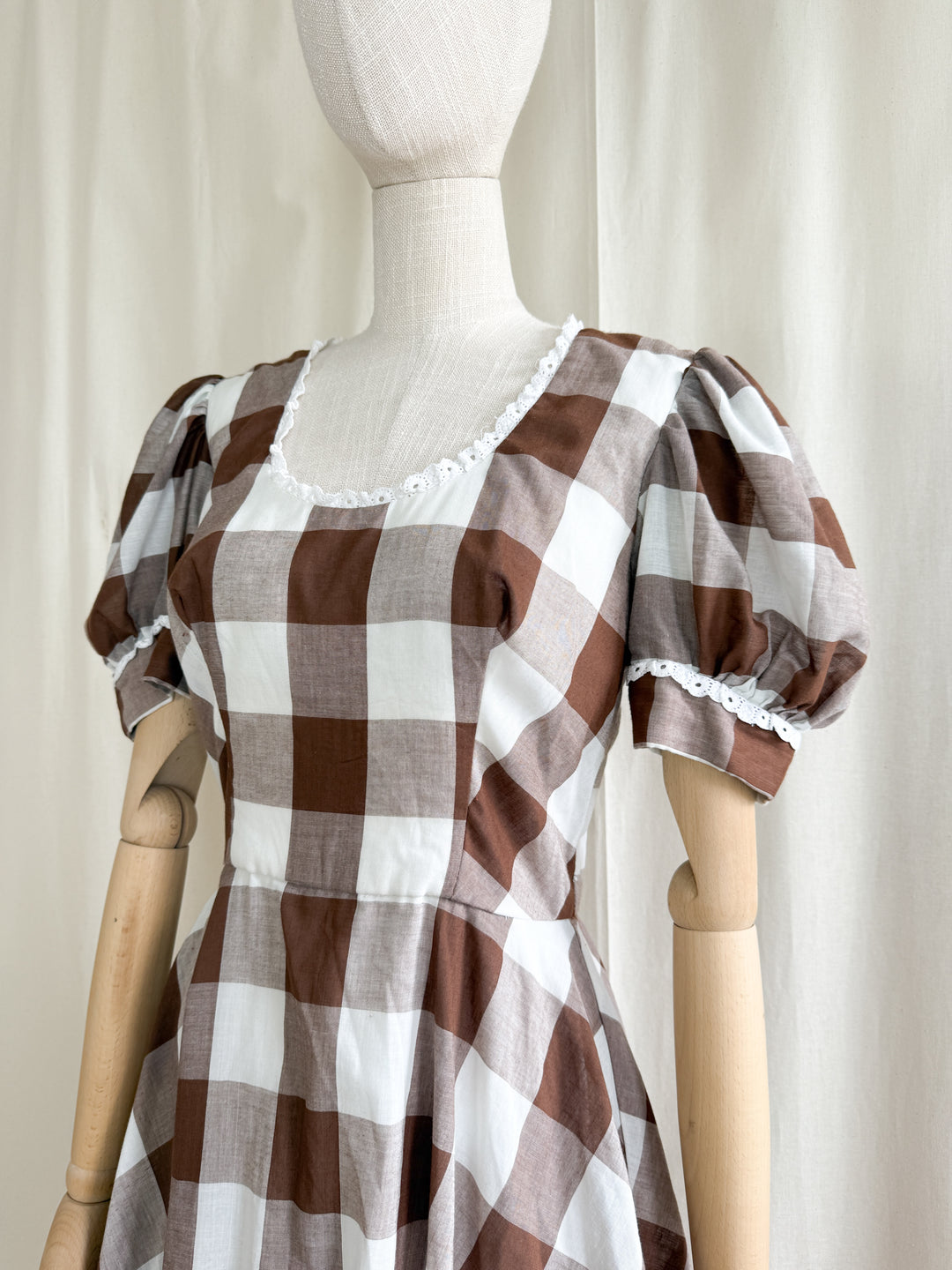 Insane 70s Cotton Brown Buffalo Check Gingham Maxi Dress by California