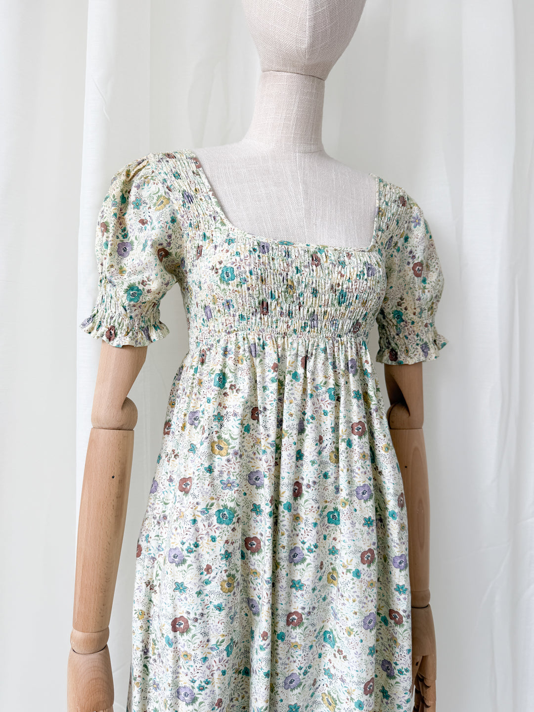 Delicious Rare 1970s Snob Shirred Cotton Maxi Dress