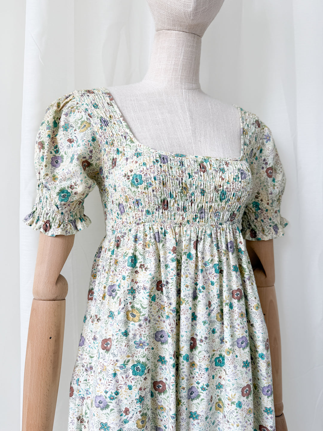 Delicious Rare 1970s Snob Shirred Cotton Maxi Dress