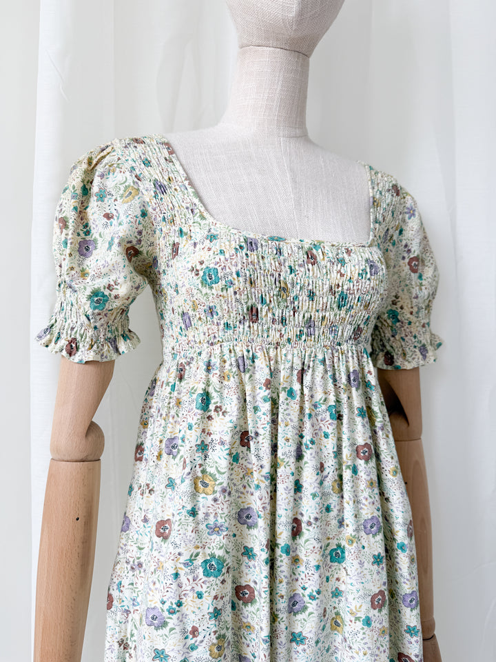 Delicious Rare 1970s Snob Shirred Cotton Maxi Dress
