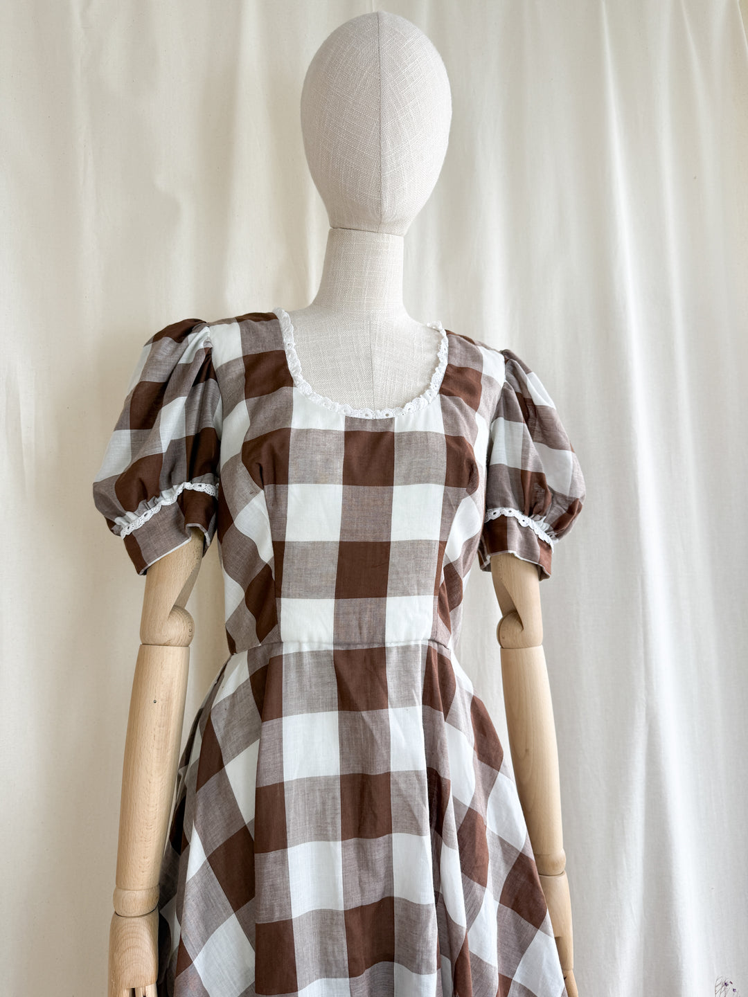 Insane 70s Cotton Brown Buffalo Check Gingham Maxi Dress by California