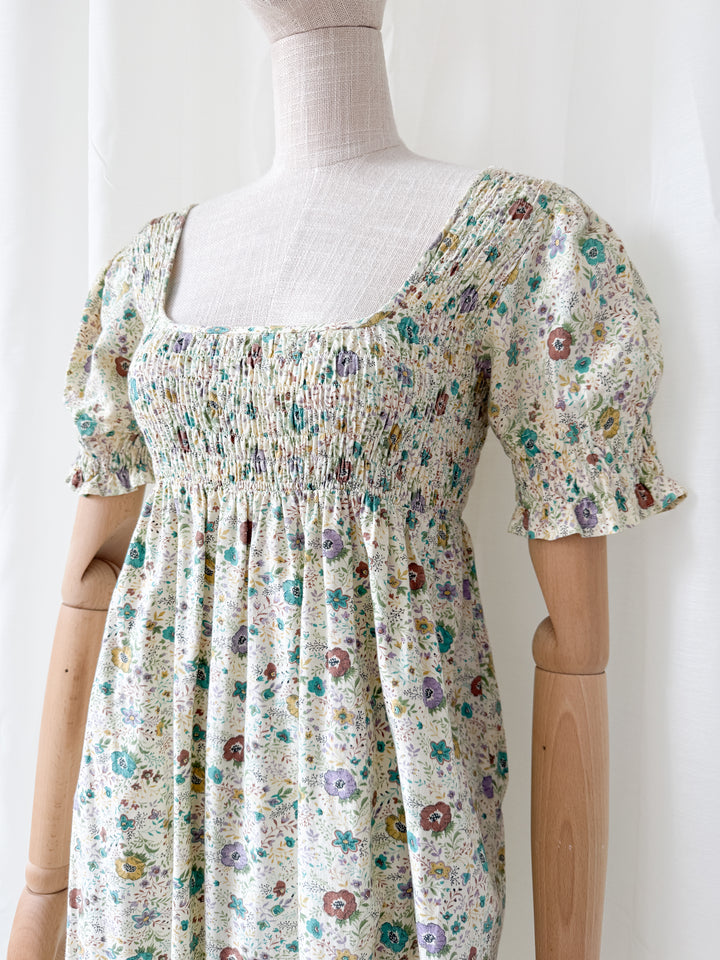 Delicious Rare 1970s Snob Shirred Cotton Maxi Dress