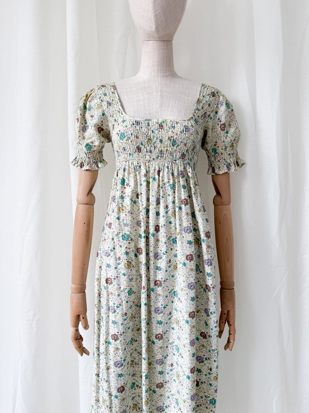 Delicious Rare 1970s Snob Shirred Cotton Maxi Dress