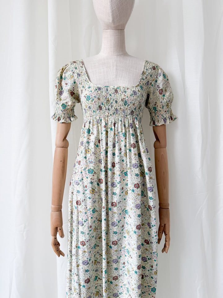 Delicious Rare 1970s Snob Shirred Cotton Maxi Dress