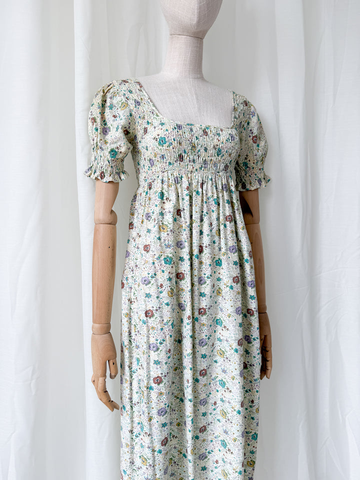 Delicious Rare 1970s Snob Shirred Cotton Maxi Dress