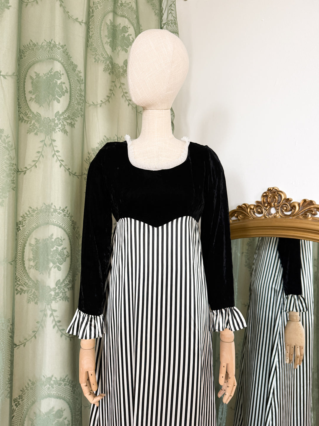BEETLEJUICE ~ STUNNING EARLY 1970S JOHN CHARLES VELVET AND SATIN MAXI DRESS