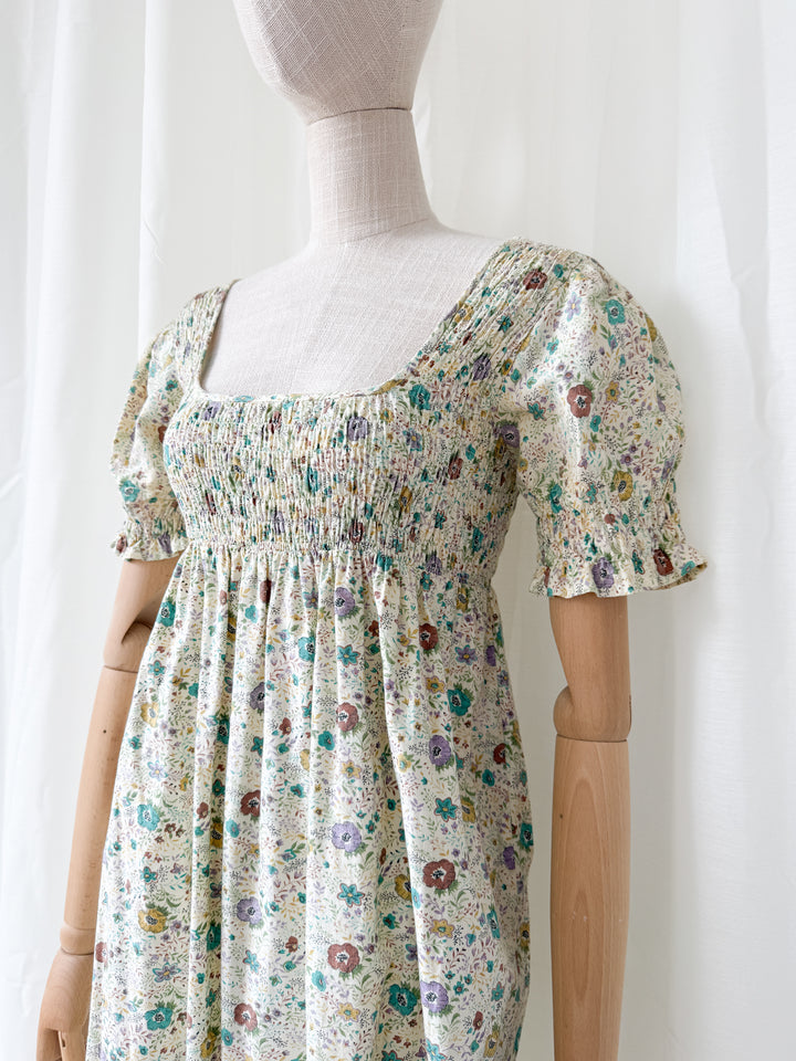 Delicious Rare 1970s Snob Shirred Cotton Maxi Dress