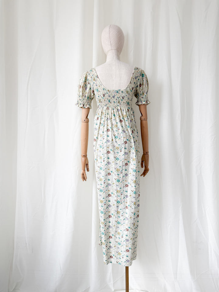 Delicious Rare 1970s Snob Shirred Cotton Maxi Dress