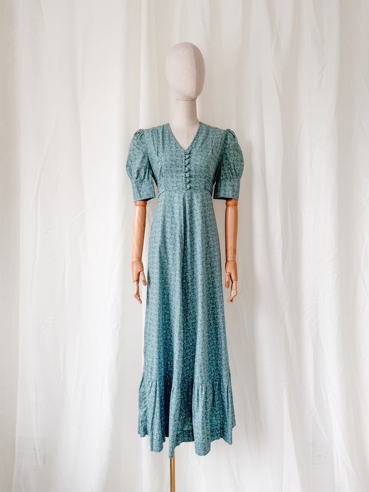 Beautiful Rare Deep Teal 70s Cotton Floral Maxi Dress