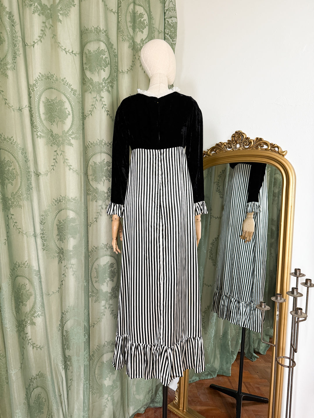 BEETLEJUICE ~ STUNNING EARLY 1970S JOHN CHARLES VELVET AND SATIN MAXI DRESS
