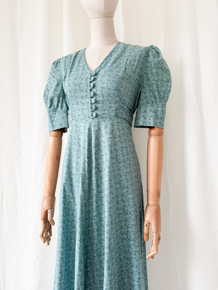 Beautiful Rare Deep Teal 70s Cotton Floral Maxi Dress