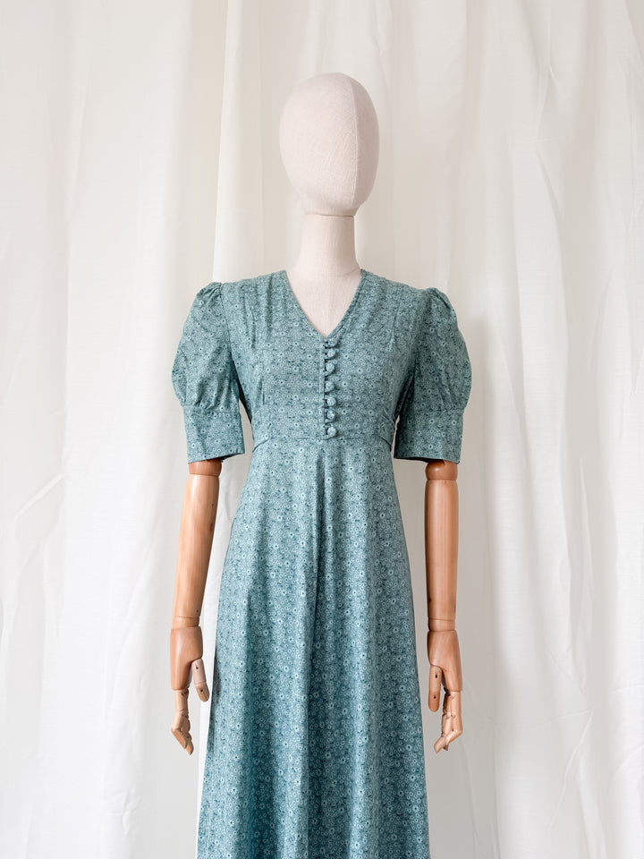 Beautiful Rare Deep Teal 70s Cotton Floral Maxi Dress