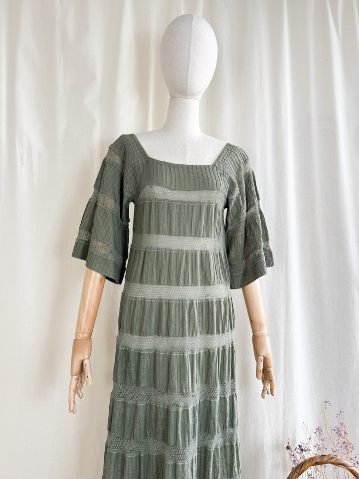 Incredible Holy Grail Rare 70s Mexican Khaki Green Lace Panelled Maxi Dress