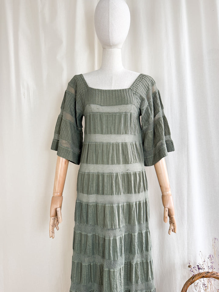 Incredible Holy Grail Rare 70s Mexican Khaki Green Lace Panelled Maxi Dress