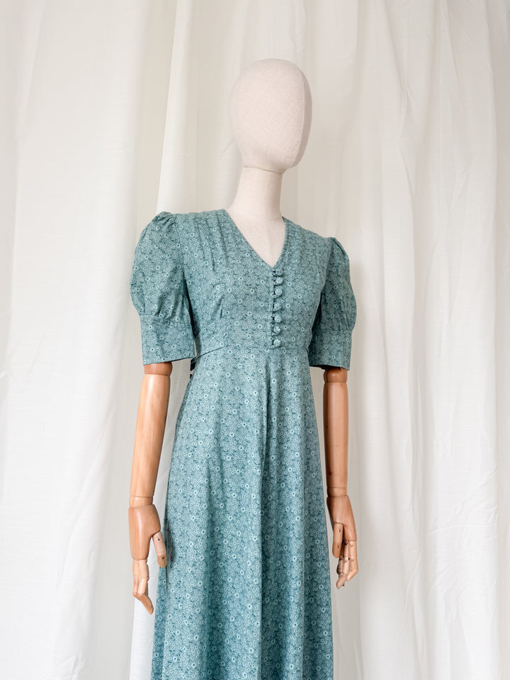 Beautiful Rare Deep Teal 70s Cotton Floral Maxi Dress