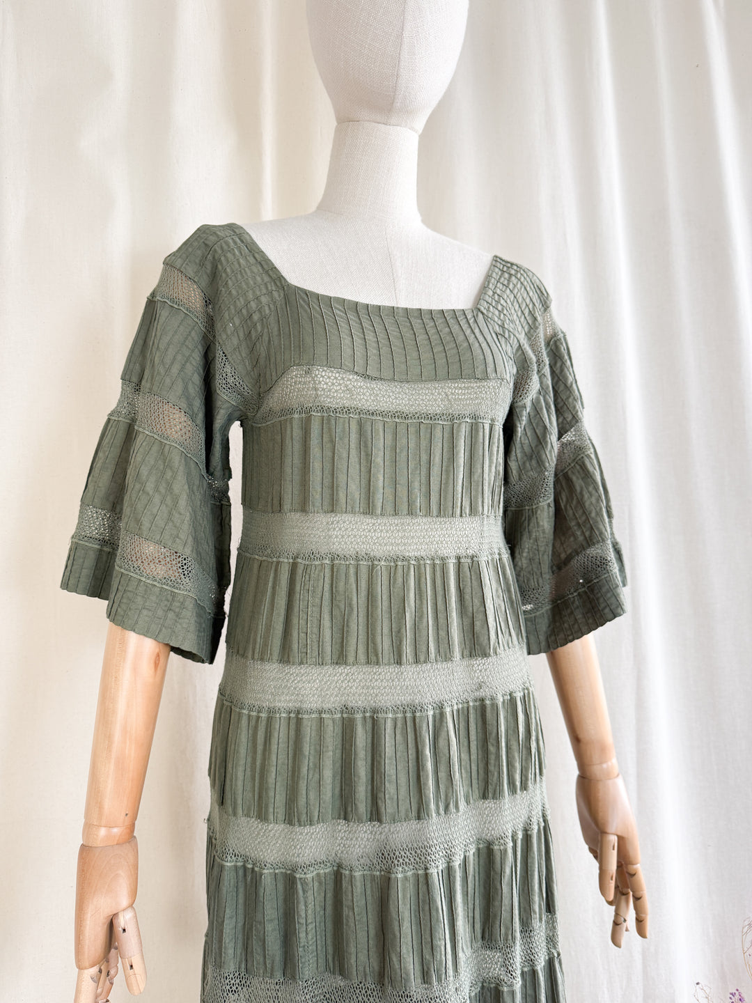 Incredible Holy Grail Rare 70s Mexican Khaki Green Lace Panelled Maxi Dress