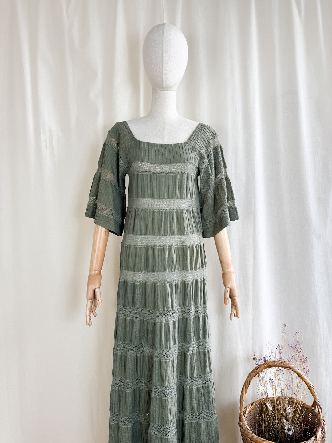 Incredible Holy Grail Rare 70s Mexican Khaki Green Lace Panelled Maxi Dress