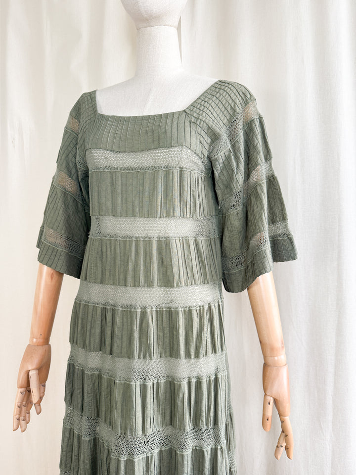 Incredible Holy Grail Rare 70s Mexican Khaki Green Lace Panelled Maxi Dress