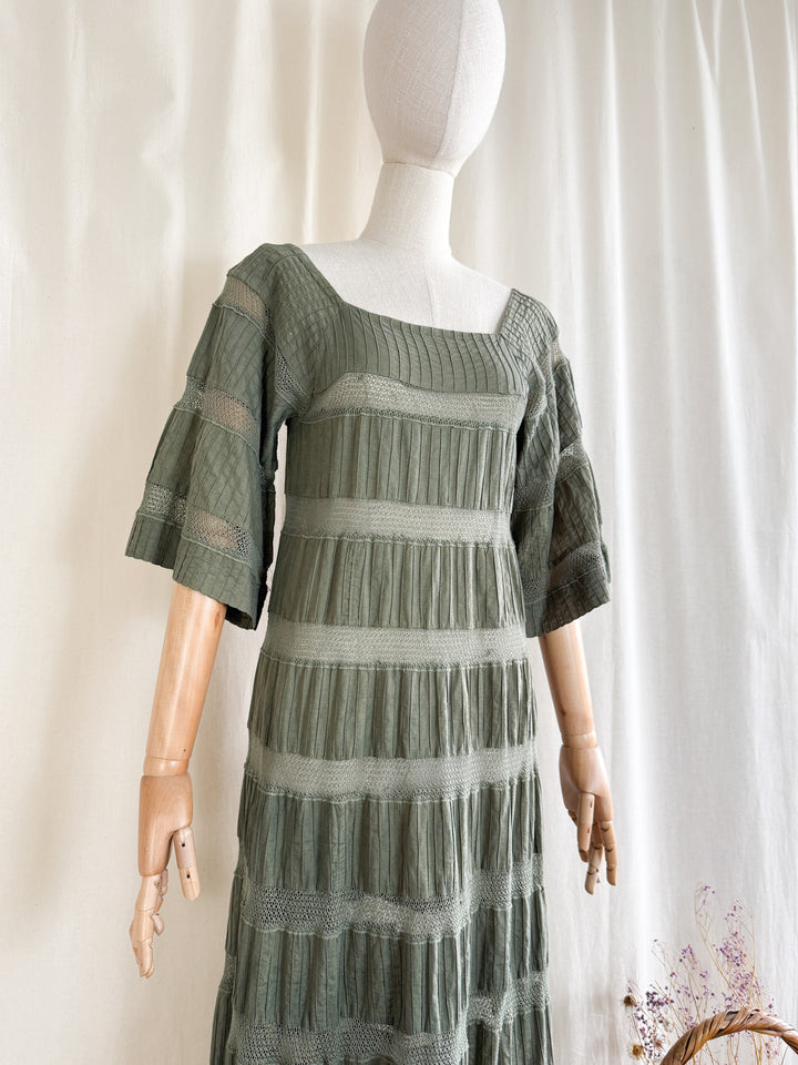 Incredible Holy Grail Rare 70s Mexican Khaki Green Lace Panelled Maxi Dress