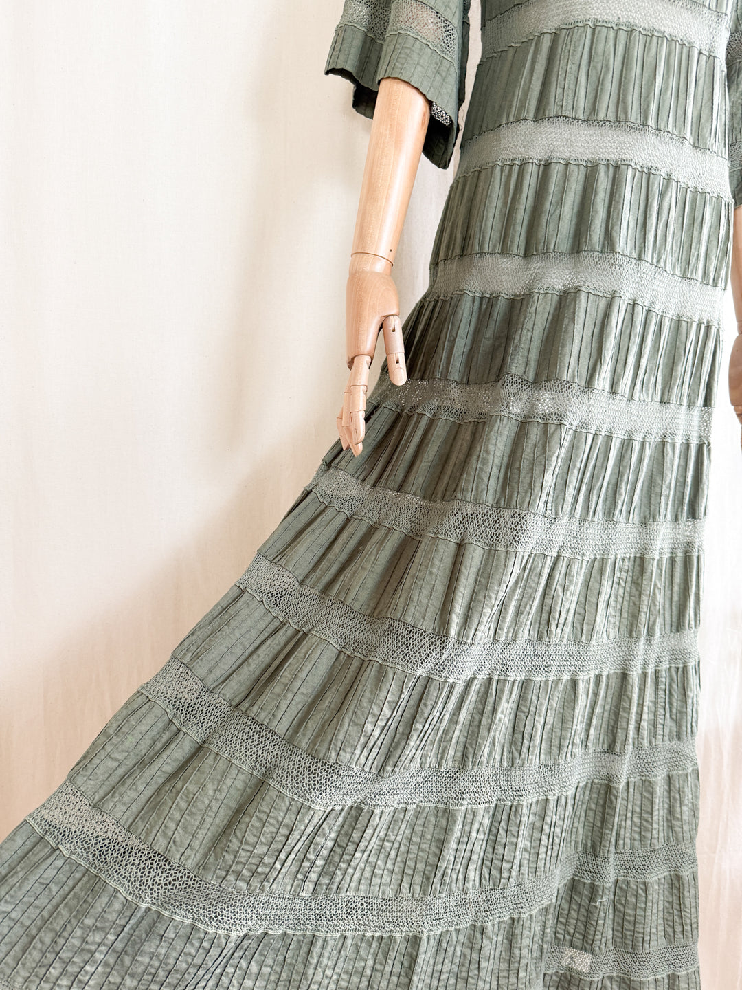 Incredible Holy Grail Rare 70s Mexican Khaki Green Lace Panelled Maxi Dress
