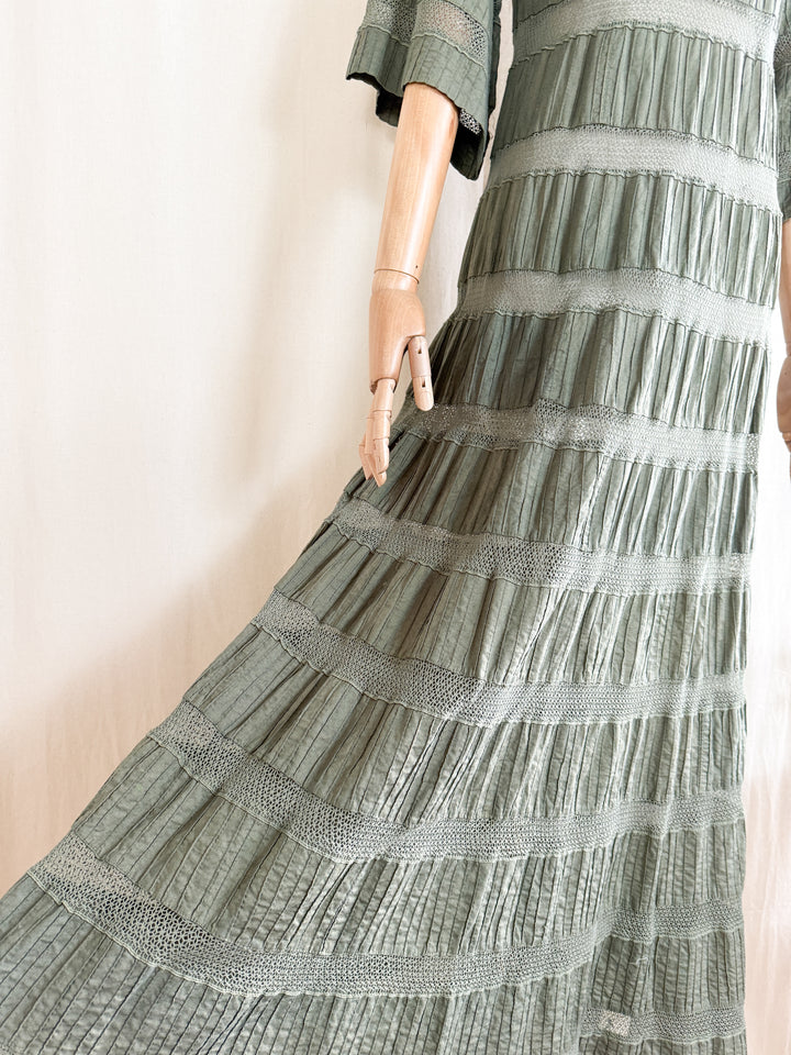 Incredible Holy Grail Rare 70s Mexican Khaki Green Lace Panelled Maxi Dress