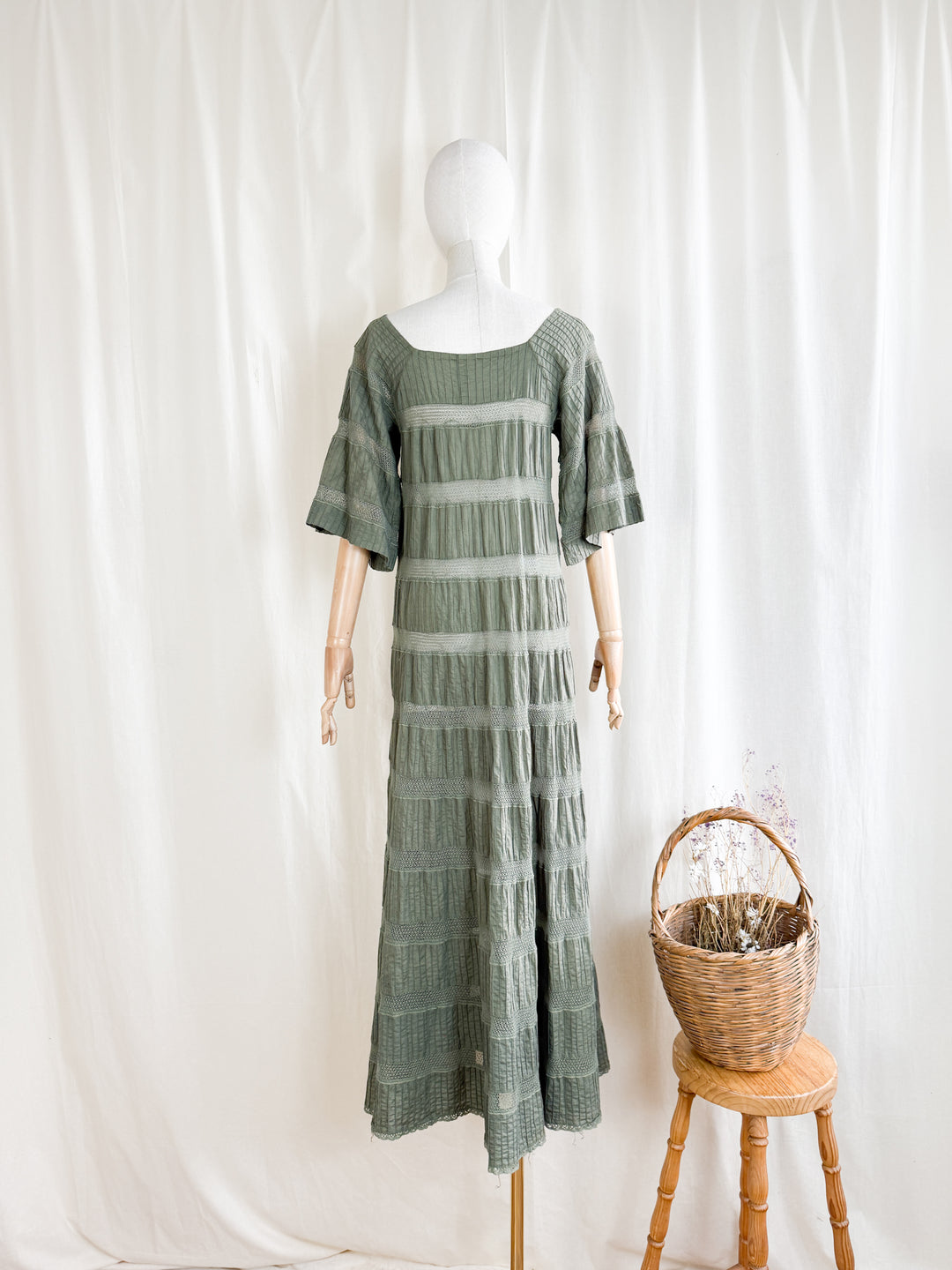 Incredible Holy Grail Rare 70s Mexican Khaki Green Lace Panelled Maxi Dress