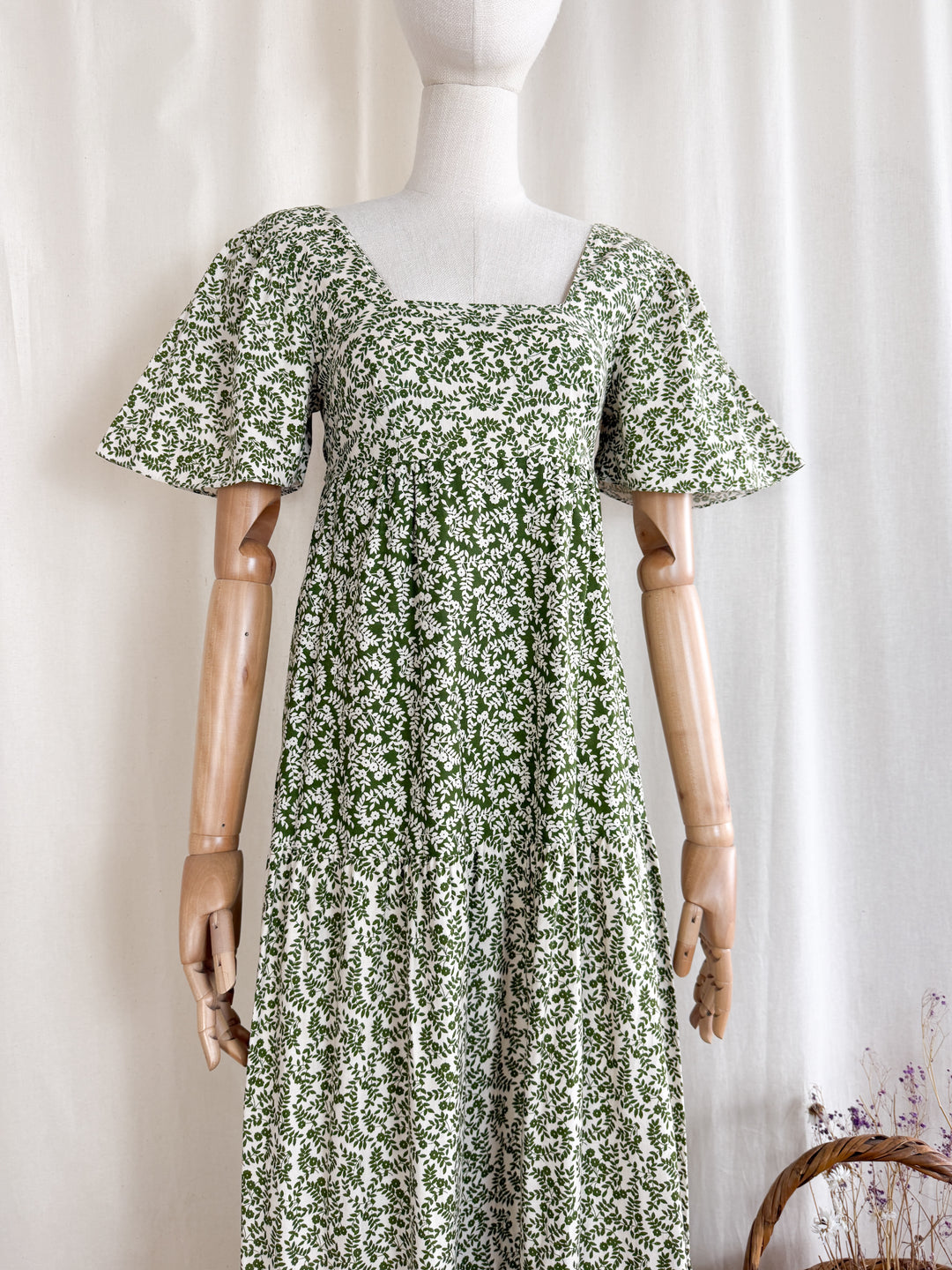 Divine Preciously Rare 70s Tiered Fern Green Floral Cotton Maxi Dress