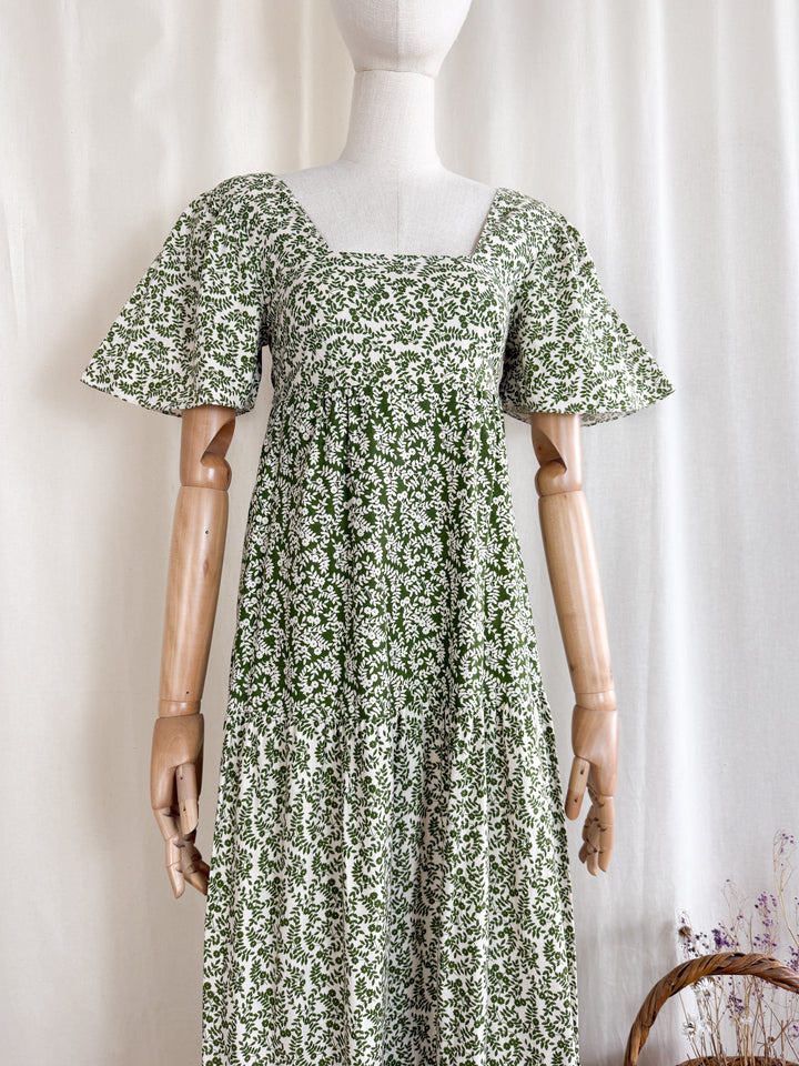 Divine Preciously Rare 70s Tiered Fern Green Floral Cotton Maxi Dress