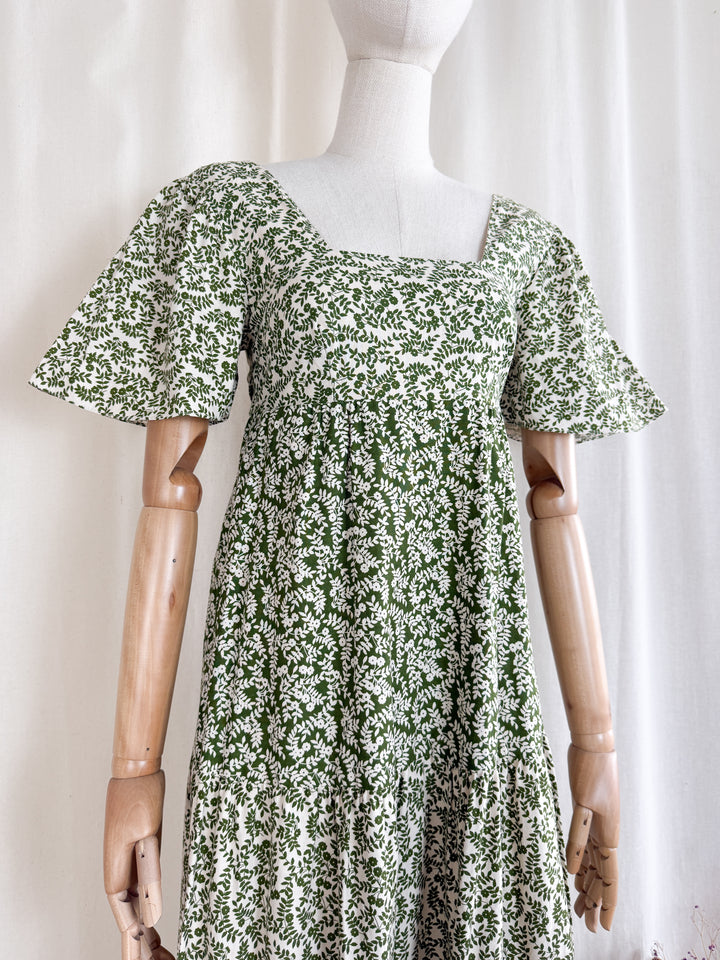 Divine Preciously Rare 70s Tiered Fern Green Floral Cotton Maxi Dress