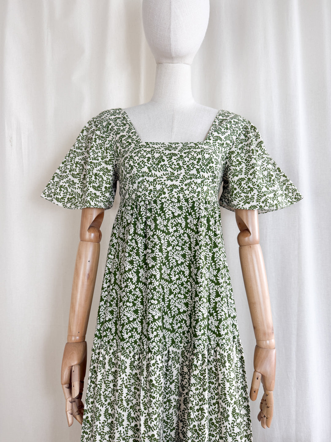 Divine Preciously Rare 70s Tiered Fern Green Floral Cotton Maxi Dress