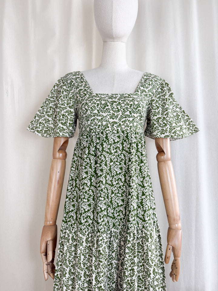 Divine Preciously Rare 70s Tiered Fern Green Floral Cotton Maxi Dress