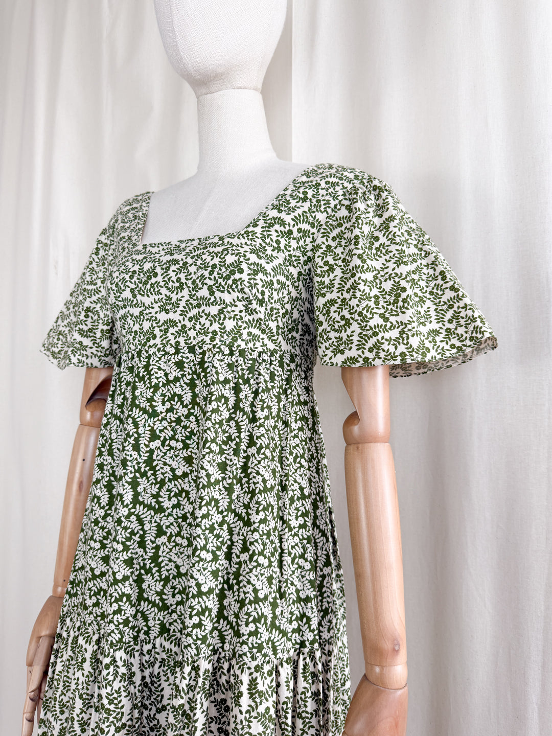 Divine Preciously Rare 70s Tiered Fern Green Floral Cotton Maxi Dress