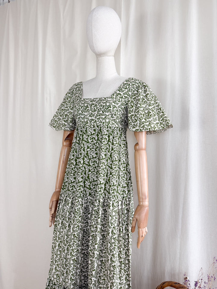 Divine Preciously Rare 70s Tiered Fern Green Floral Cotton Maxi Dress