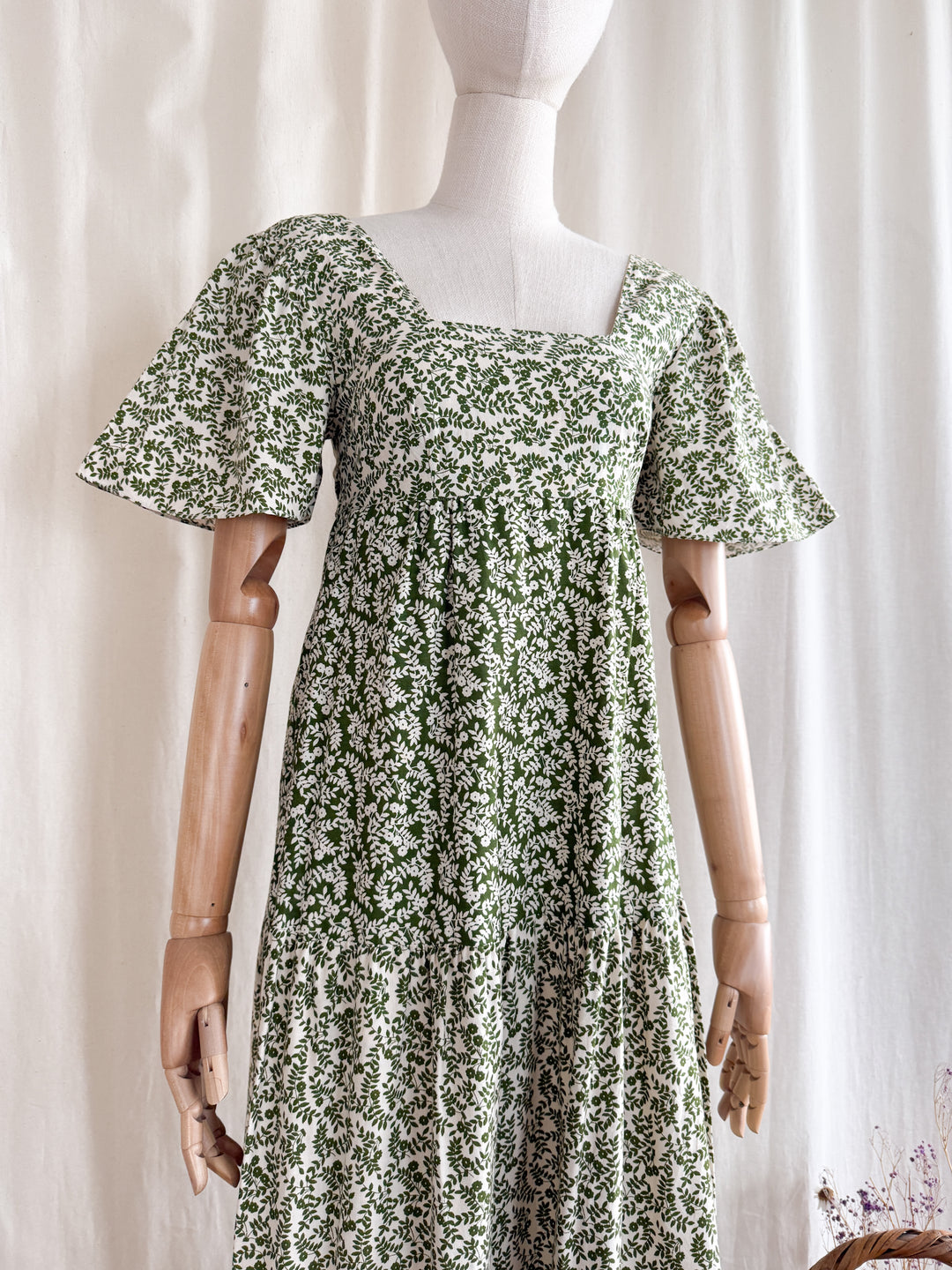 Divine Preciously Rare 70s Tiered Fern Green Floral Cotton Maxi Dress