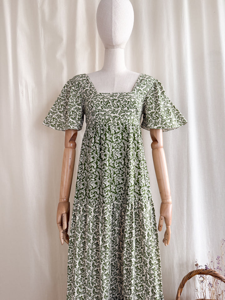 Divine Preciously Rare 70s Tiered Fern Green Floral Cotton Maxi Dress
