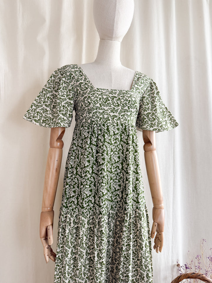 Divine Preciously Rare 70s Tiered Fern Green Floral Cotton Maxi Dress