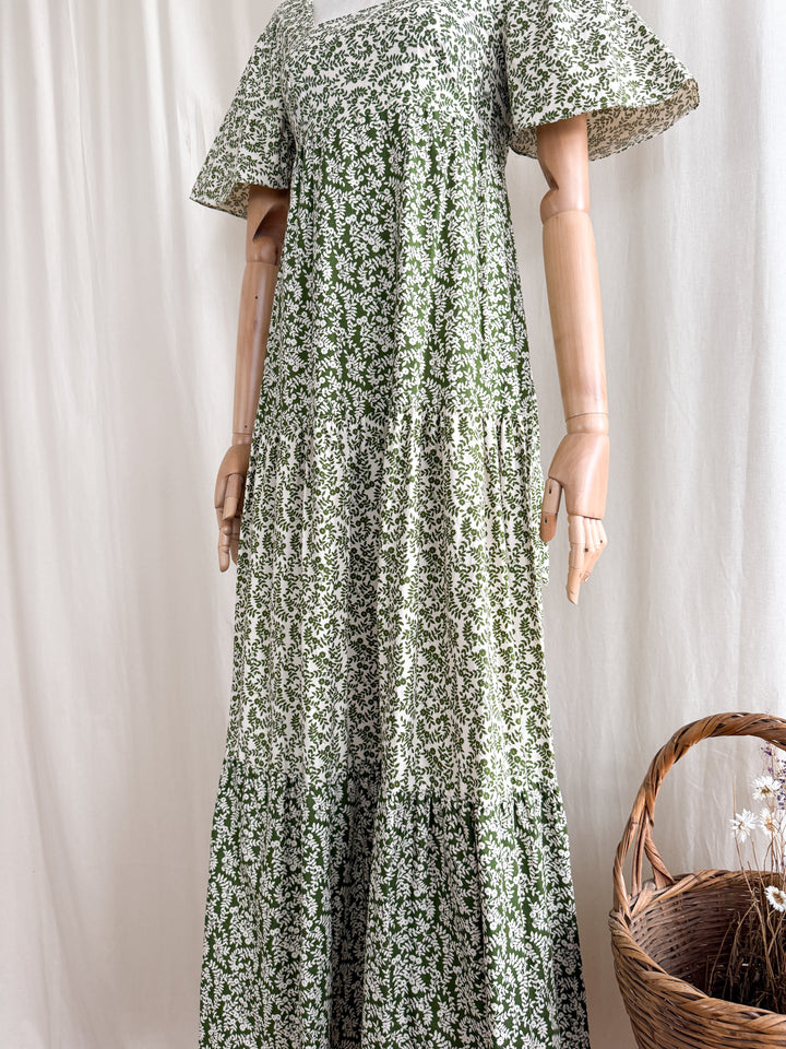Divine Preciously Rare 70s Tiered Fern Green Floral Cotton Maxi Dress