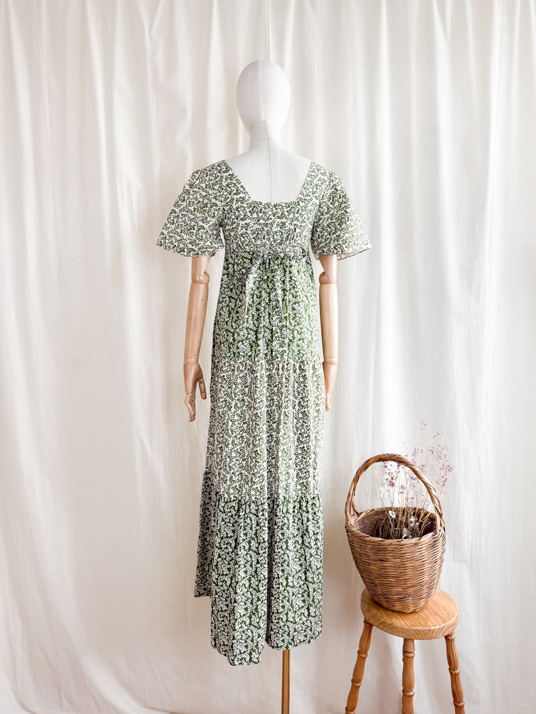 Divine Preciously Rare 70s Tiered Fern Green Floral Cotton Maxi Dress