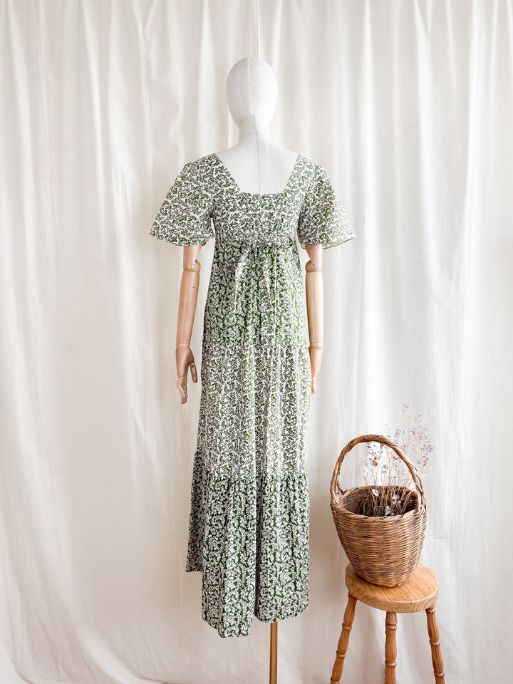 Divine Preciously Rare 70s Tiered Fern Green Floral Cotton Maxi Dress