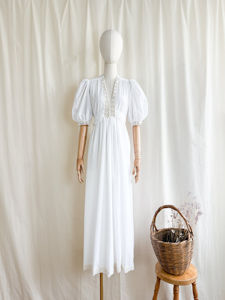 Breathtaking 70s Handmade Soft White Cotton Lace Trimmed Maxi Dress