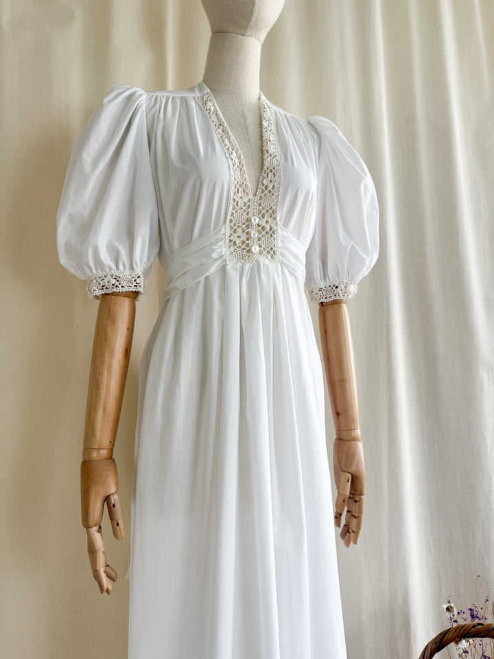 Breathtaking 70s Handmade Soft White Cotton Lace Trimmed Maxi Dress