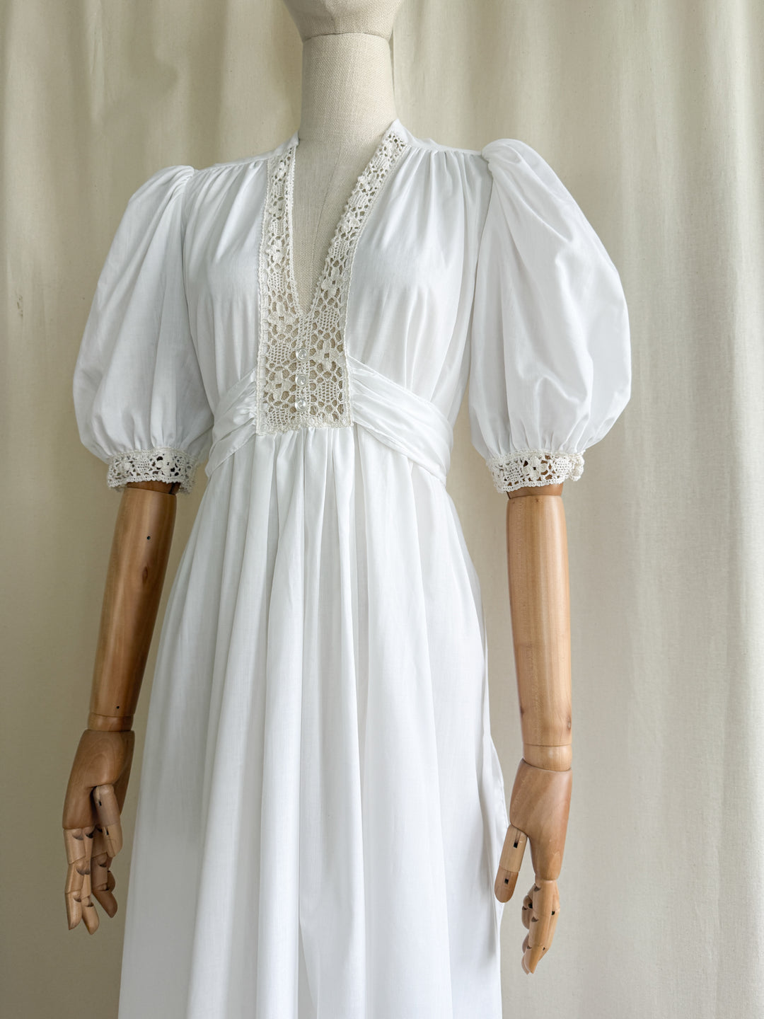 Breathtaking 70s Handmade Soft White Cotton Lace Trimmed Maxi Dress