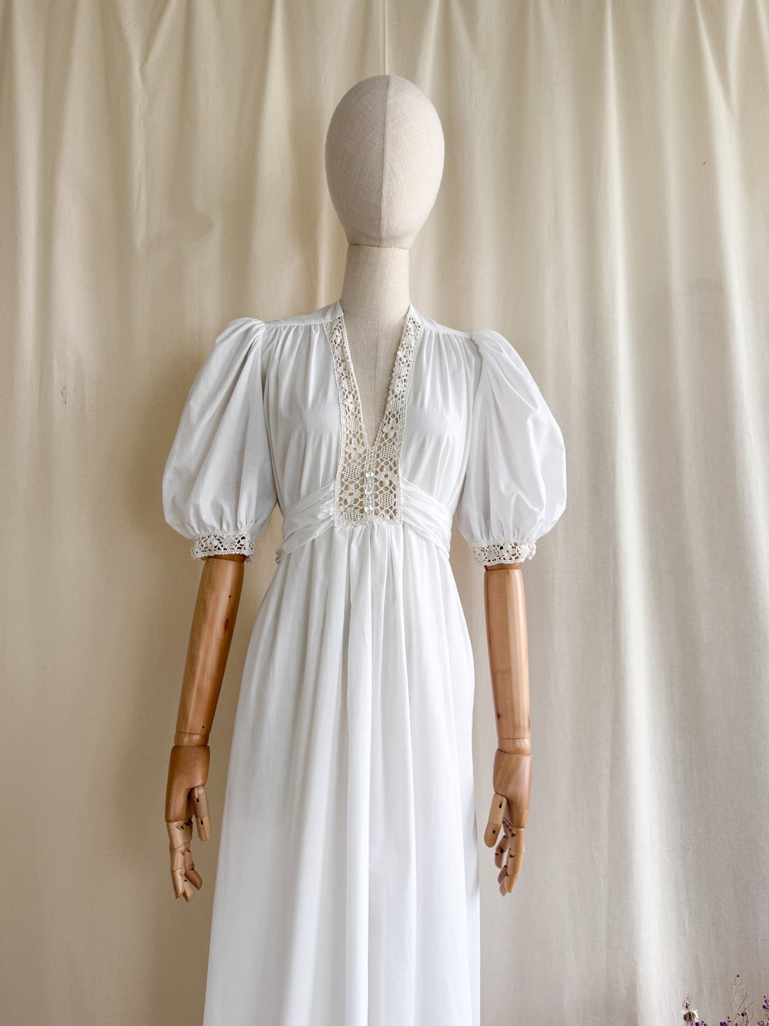 Breathtaking 70s Handmade Soft White Cotton Lace Trimmed Maxi Dress