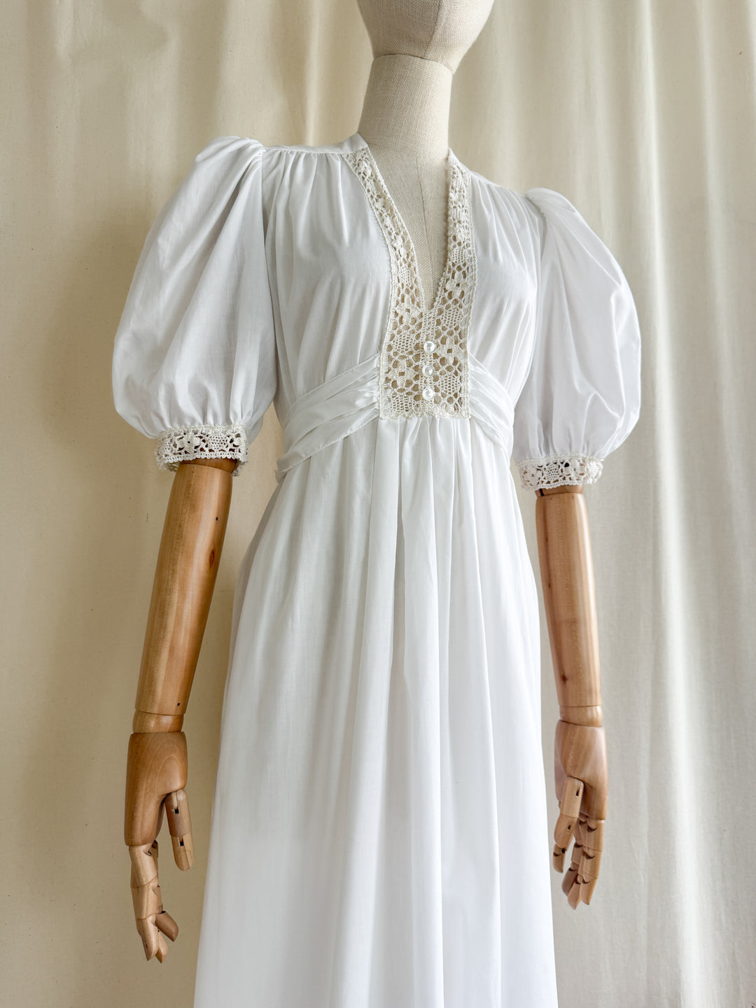Breathtaking 70s Handmade Soft White Cotton Lace Trimmed Maxi Dress
