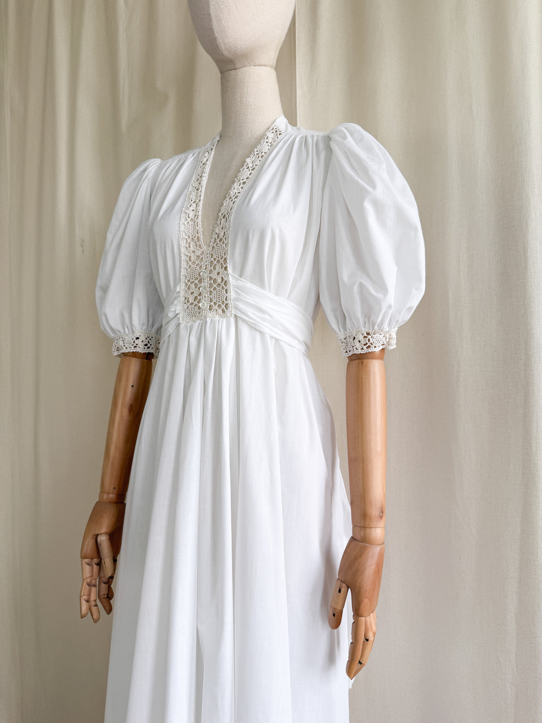 Breathtaking 70s Handmade Soft White Cotton Lace Trimmed Maxi Dress