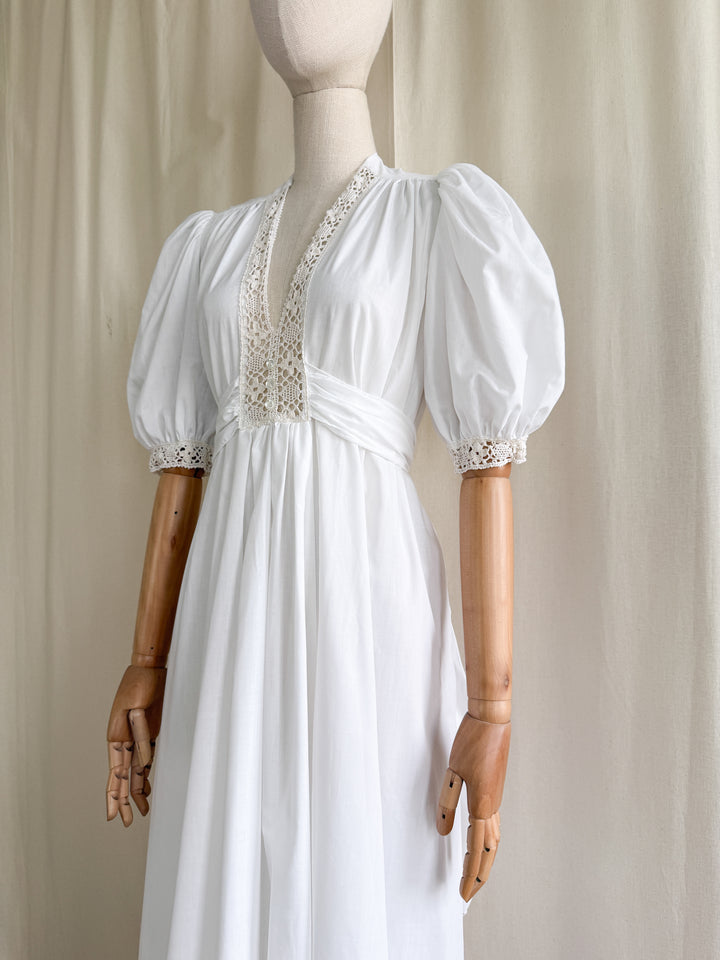 Breathtaking 70s Handmade Soft White Cotton Lace Trimmed Maxi Dress
