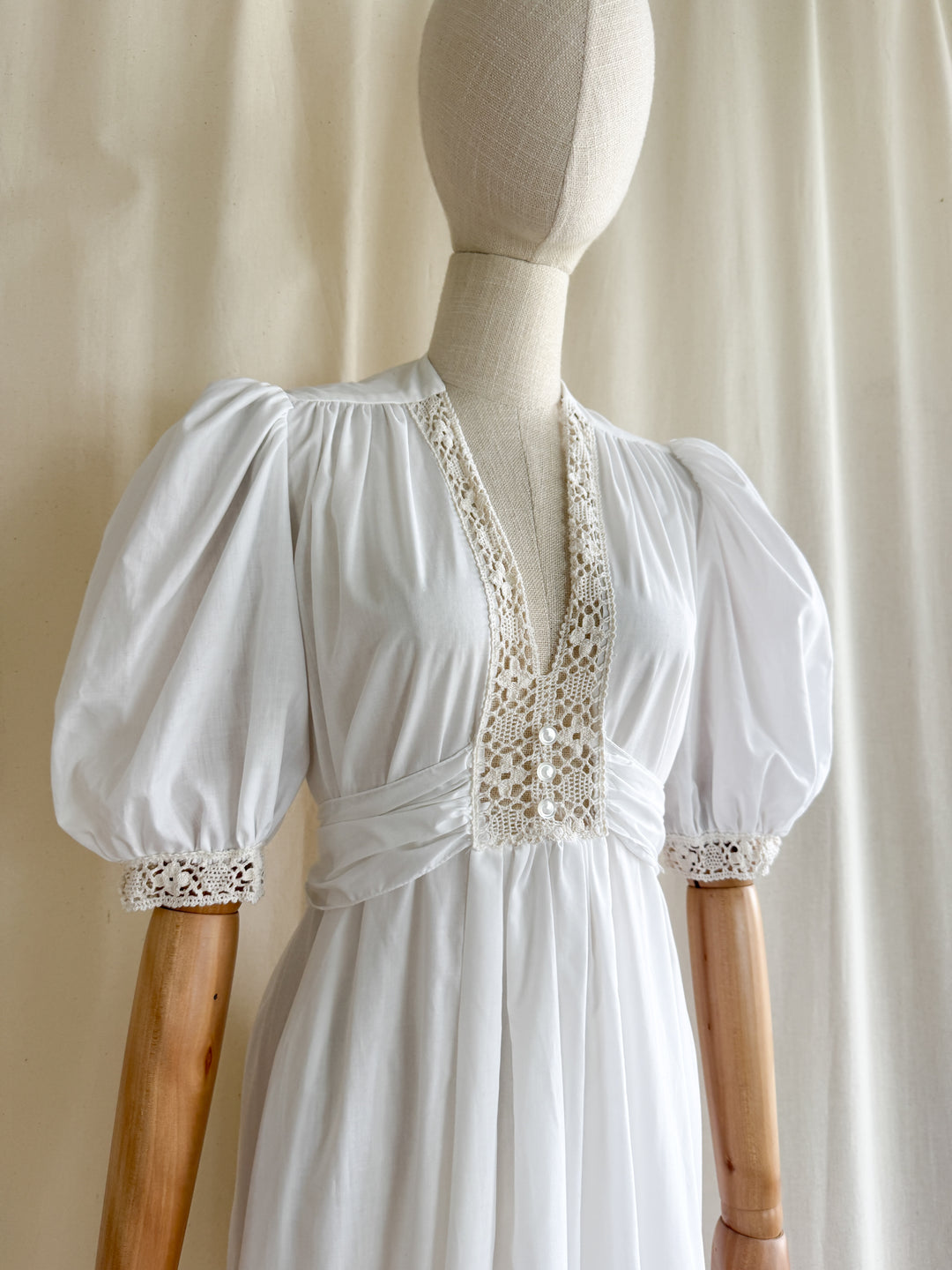 Breathtaking 70s Handmade Soft White Cotton Lace Trimmed Maxi Dress