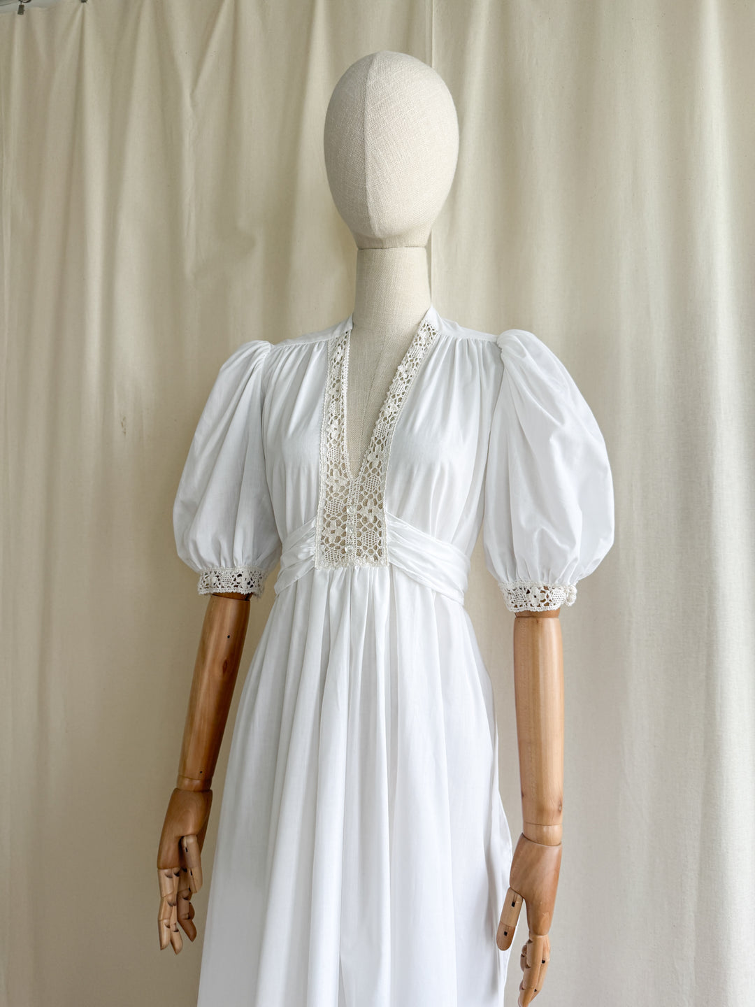 Breathtaking 70s Handmade Soft White Cotton Lace Trimmed Maxi Dress